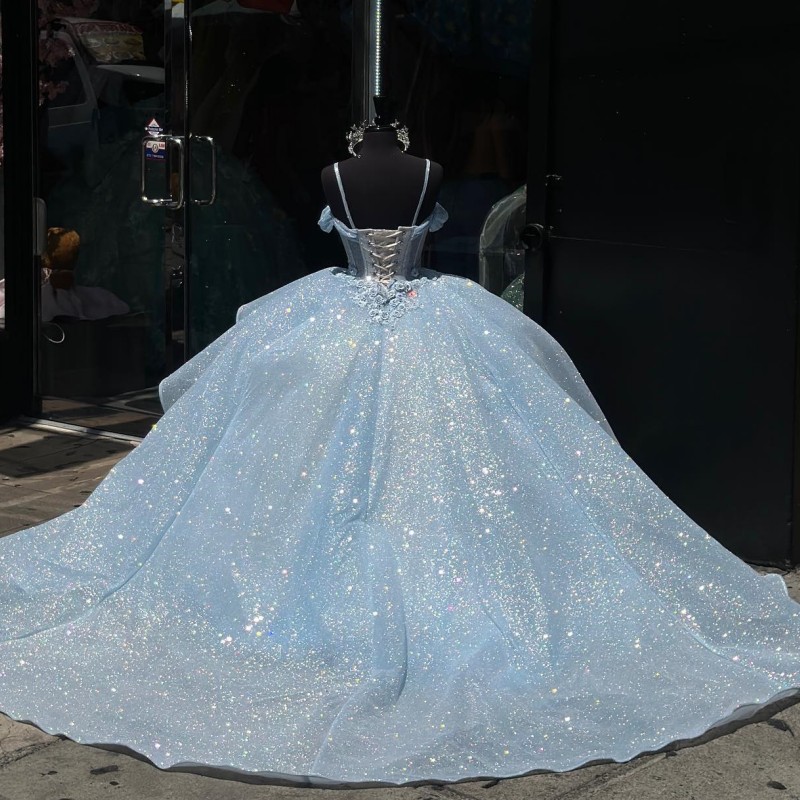 Sky Blue Sweetheart Quinceanera Dress Sparkly Lace Appliques Sequins 3D Flowers Sweet 16 Princess Ball Gown Vestidos De 15 Anos