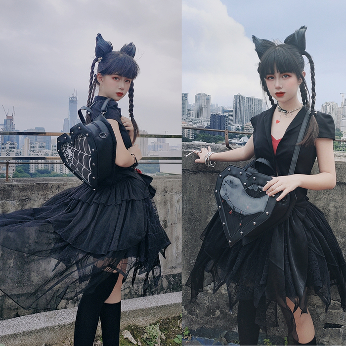 School Bags Gothic Spiderweb Heart Shaped Ita Backpacks for Dark Lolita Holloween Pin Display Clear Window Handbag and Shoulder Bag Gifts 230729