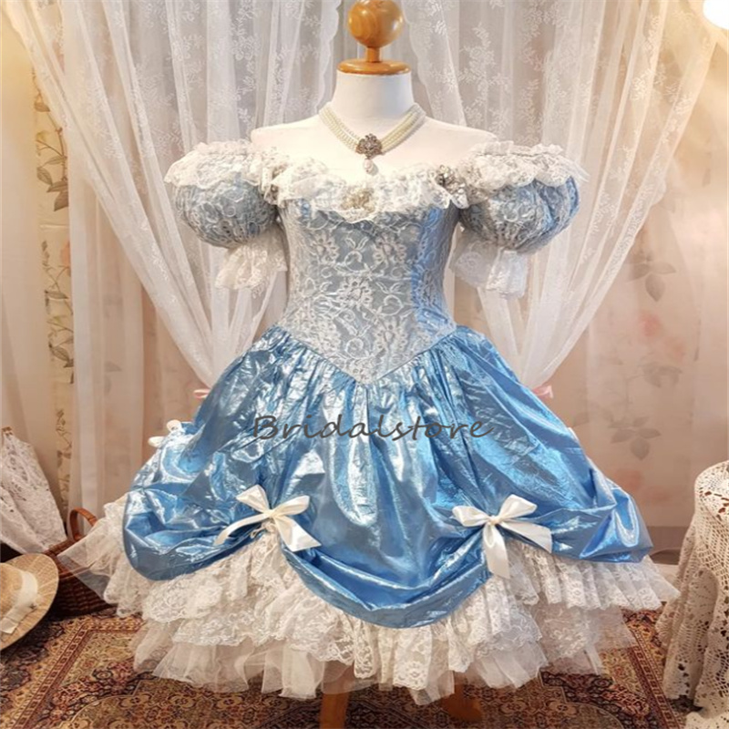 Luxury Cosplay Blue Prom Dress 2023 Short Sleeve Princess Lace Lolita Dresses With Big Bow Elegant Dinner Formal Evening Wear Retro Gothic Cocktail Ho