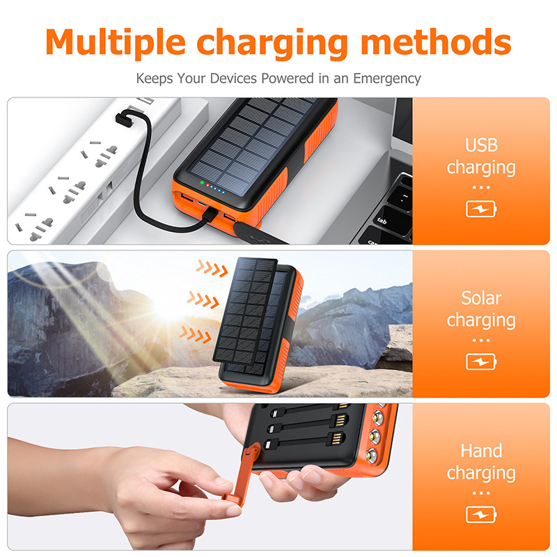 61200mAh Solar Power Bank with 3 Cable Hand Crank Charger Powerbank for iPhone 13 Samsung S22 Xiaomi Poverbank with Flashlight