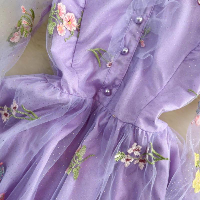 Casual Dresses Women Elegant Mesh Lace Embroidered Flower Multicolor A-Line Dress Long Puff Sleeve Ruffles Harajuku Summer Vestidos