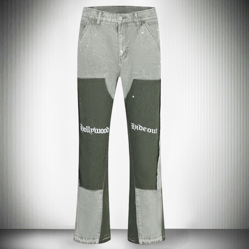 Mens Jeans High Street Jeans Splicing Contrasting Colors Jeans Black Punk Hip Hop Jeans Pants Streetwear Splicing Men Jeans Men Flare Jeans 230729