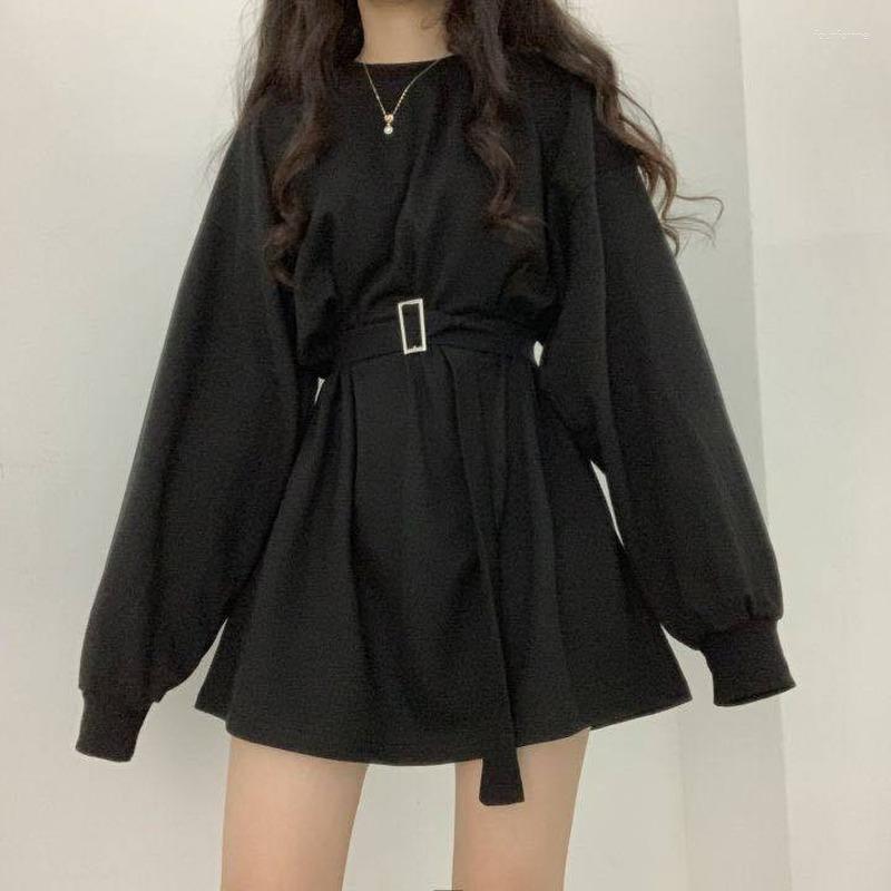 Women's Black Long Sleeve Mini Wrap Casual Gothic Goth Dress Streetwear Kpop Fashion Korean Style Haruku Polyester B4