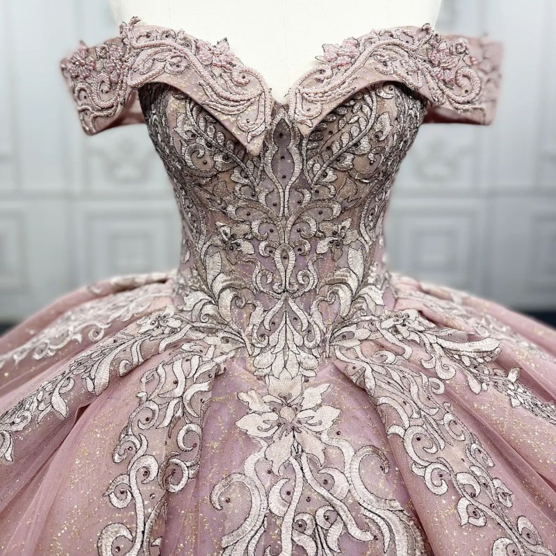 Pink Sparkly Quinceanera Dresses Ball Gown Off The Shoulder Gold Applique Lace Beading Sweet 16 Dress Vestidos De 15 Girl anos