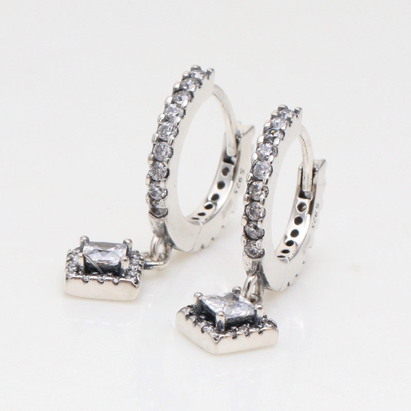 Anti-Oxidized White Gold Charm Earrings - Sparkling Square Crystal Bridal Accessories