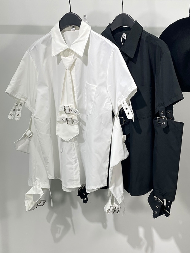 Men's Casual Shirts PFNW Punk Darkwear High Street Nihce Style Shirt Spliced Sleeve Necktie Tops Summer Spring Blouse 12A1583 230729