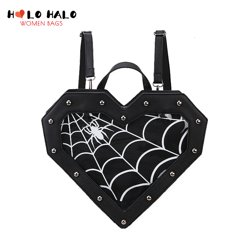 School Bags Gothic Spiderweb Heart Shaped Ita Backpacks for Dark Lolita Holloween Pin Display Clear Window Handbag and Shoulder Bag Gifts 230729