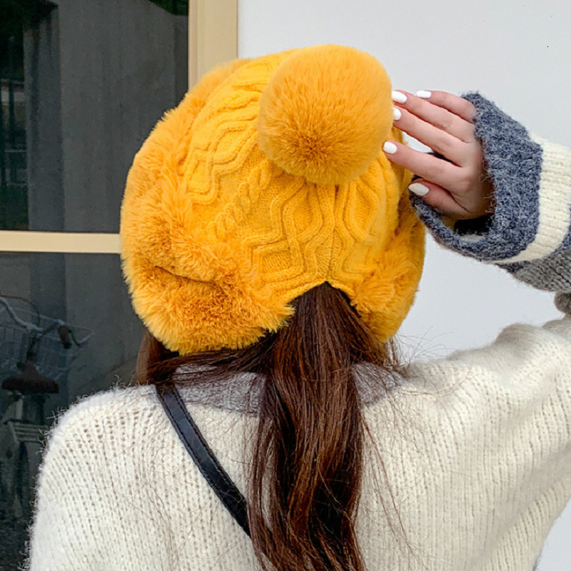 Beanie Skull Caps Pompom Winter Hats For Wome Earmuffs Thicken Ear flapped Hat Fleece Lined Girl Knit Bonnets Cute Ladies Ear Beanies Cap 230729