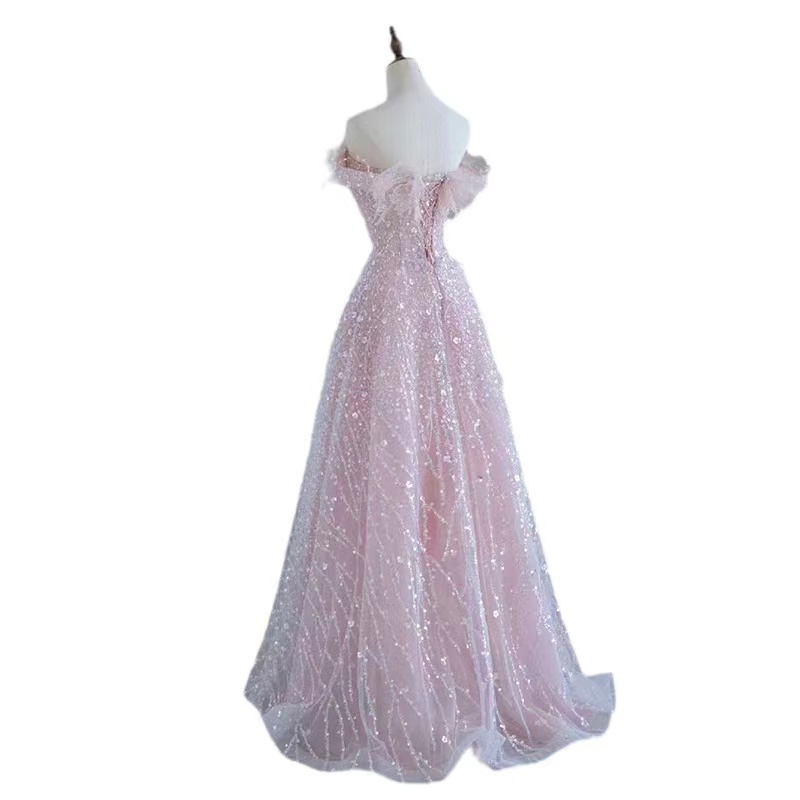 Bg Sequined New Prom Dresses Black Girls Long Shiny Applique Sweep Train Evening Formal Gowns Tail Party Dress