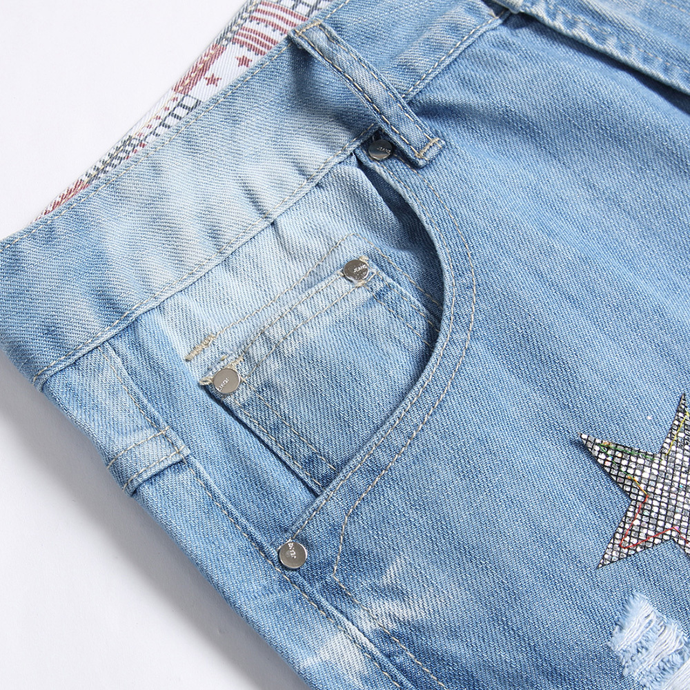 Men's Shorts Men Summer Crystal Patch Denim Shorts Holes Ripped Slim Straight Jeans Knee Length Light Blue Breeches 230729