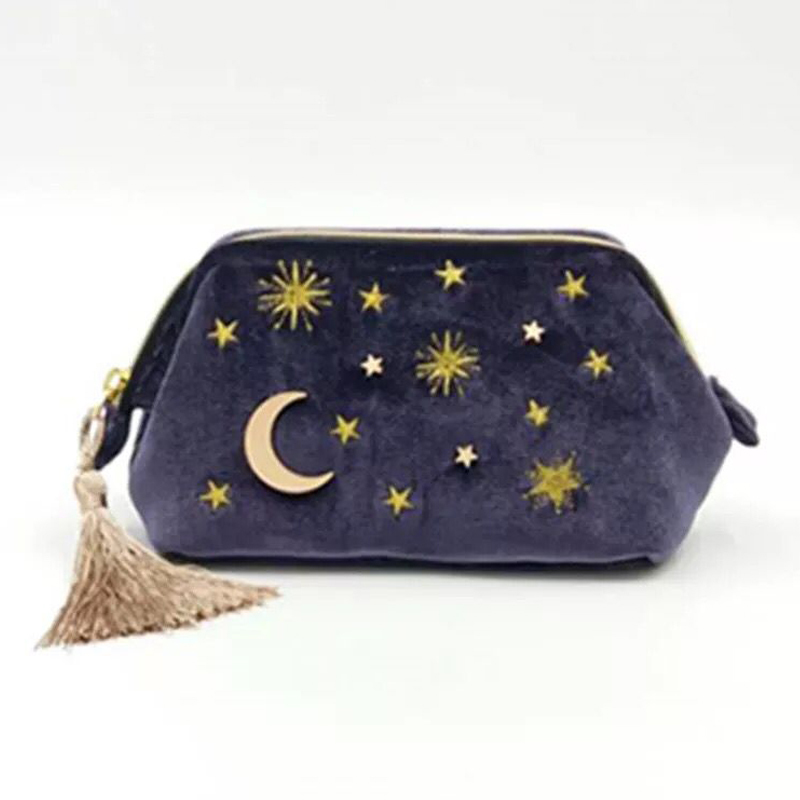 Cosmetic Bags Cases Cute Velvet Embroidery Cosmetic Bag Travel Organizer Women Makeup Bag Zipper Make Up Pouch with Moon Star Tassel Deco 230729