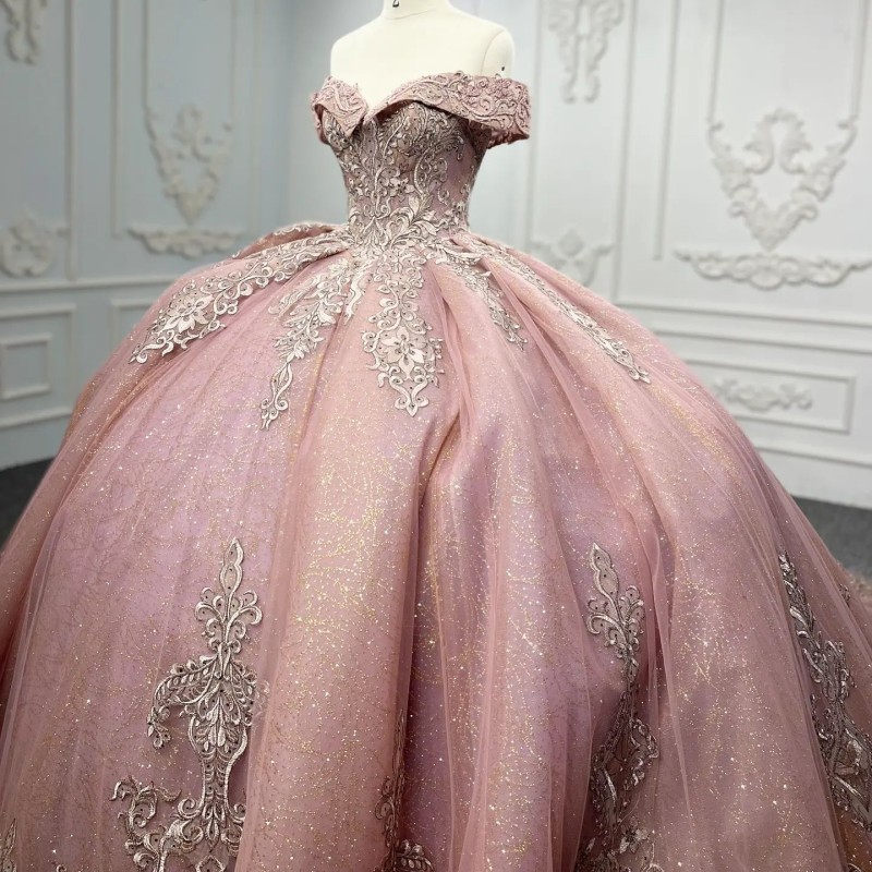 Pink Sparkly Quinceanera Dresses Ball Gown Off The Shoulder Gold Applique Lace Beading Sweet 16 Dress Vestidos De 15 Girl anos