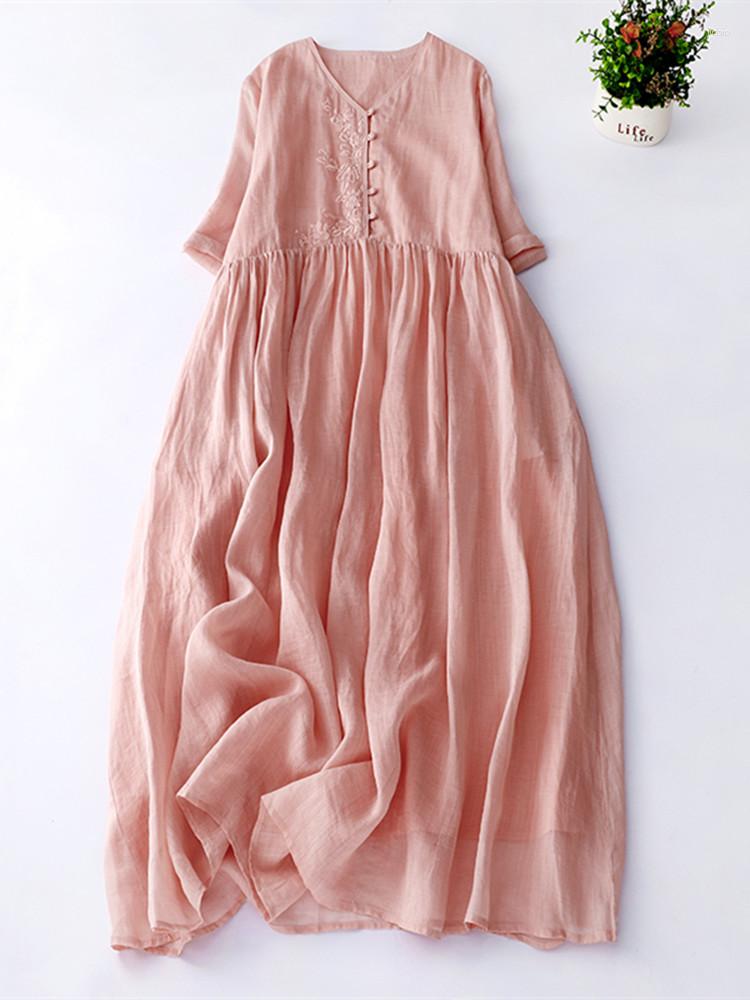 Casual Dresses 2023 Two Layers Embroidery Floral Vintage Spring Summer Dress Office Lady Work Fashion Women Pink Midi
