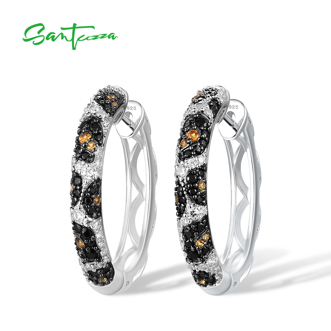 Hoop Huggie SANTUZZA Pure 925 Sterling Silver Earrings For Women Black Spinel Yellow White Cubic Zirconia Glamorous Trendy Fine Jewelry 230729