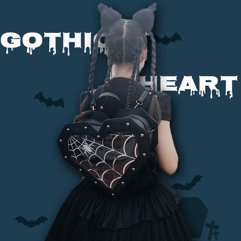 School Bags Gothic Spiderweb Heart Shaped Ita Backpacks for Dark Lolita Holloween Pin Display Clear Window Handbag and Shoulder Bag Gifts 230729