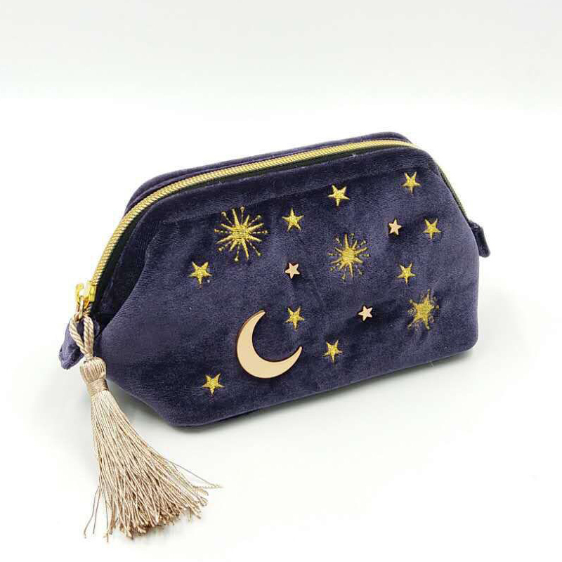 Cosmetic Bags Cases Cute Velvet Embroidery Cosmetic Bag Travel Organizer Women Makeup Bag Zipper Make Up Pouch with Moon Star Tassel Deco 230729