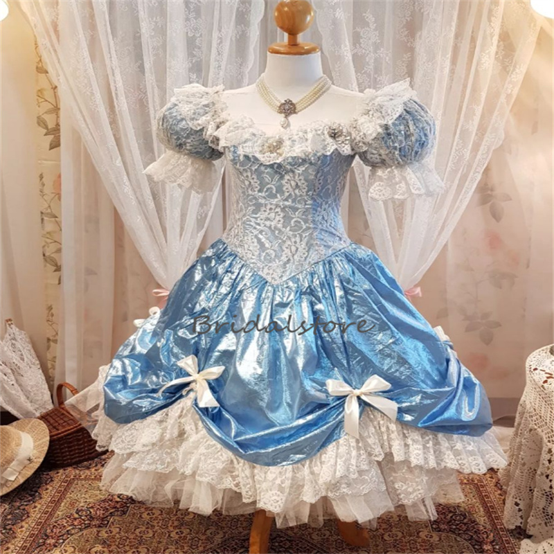 Luxury Cosplay Blue Prom Dress 2023 Short Sleeve Princess Lace Lolita Dresses With Big Bow Elegant Dinner Formal Evening Wear Retro Gothic Cocktail Ho