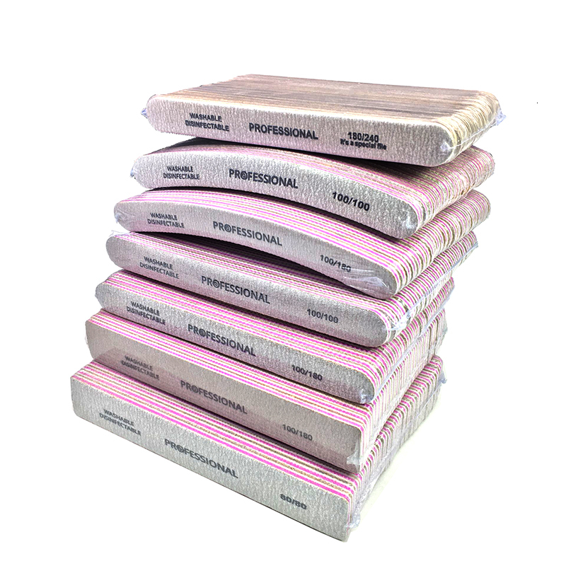 Nail Files 50Pcslot 80100180 Grey Sandpaper Nail File Curved Banana Sanding Nail Files Double Sided Emery Board Glitter Polishing Tools 230729