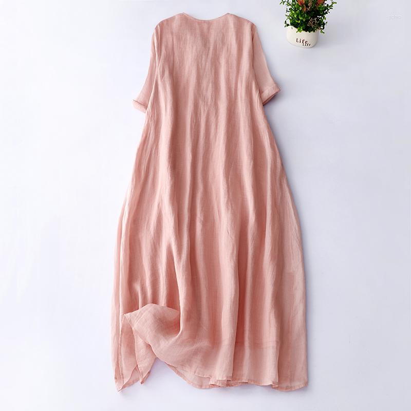 Casual Dresses 2023 Two Layers Embroidery Floral Vintage Spring Summer Dress Office Lady Work Fashion Women Pink Midi