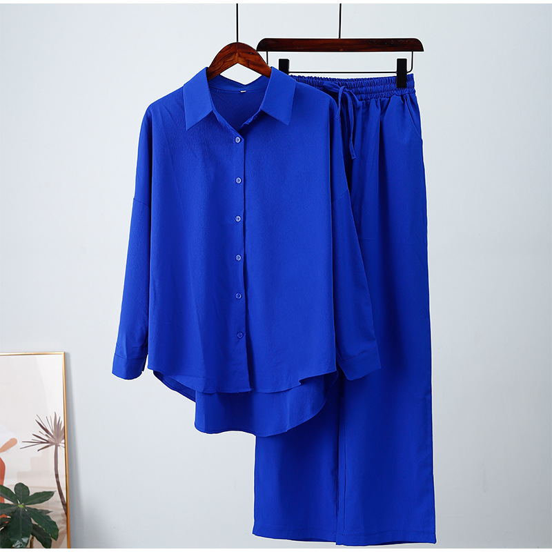 Autumn Sets Loose Stretch Wrinkle Long Sleeve Suits Shirt Wide Leg Pants Casual Suit Women Two Piece Pants