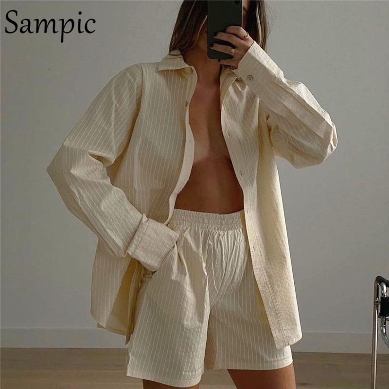Women's Two Piece Pants Sampic Loung Wear Tracksuit Women Shorts Set Stripe Long Sleeve Shirt Tops And Waist Loose High Mini Shorts Two Piece Set