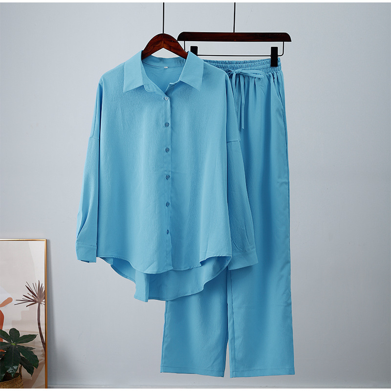 Autumn Sets Loose Stretch Wrinkle Long Sleeve Suits Shirt Wide Leg Pants Casual Suit Women Two Piece Pants