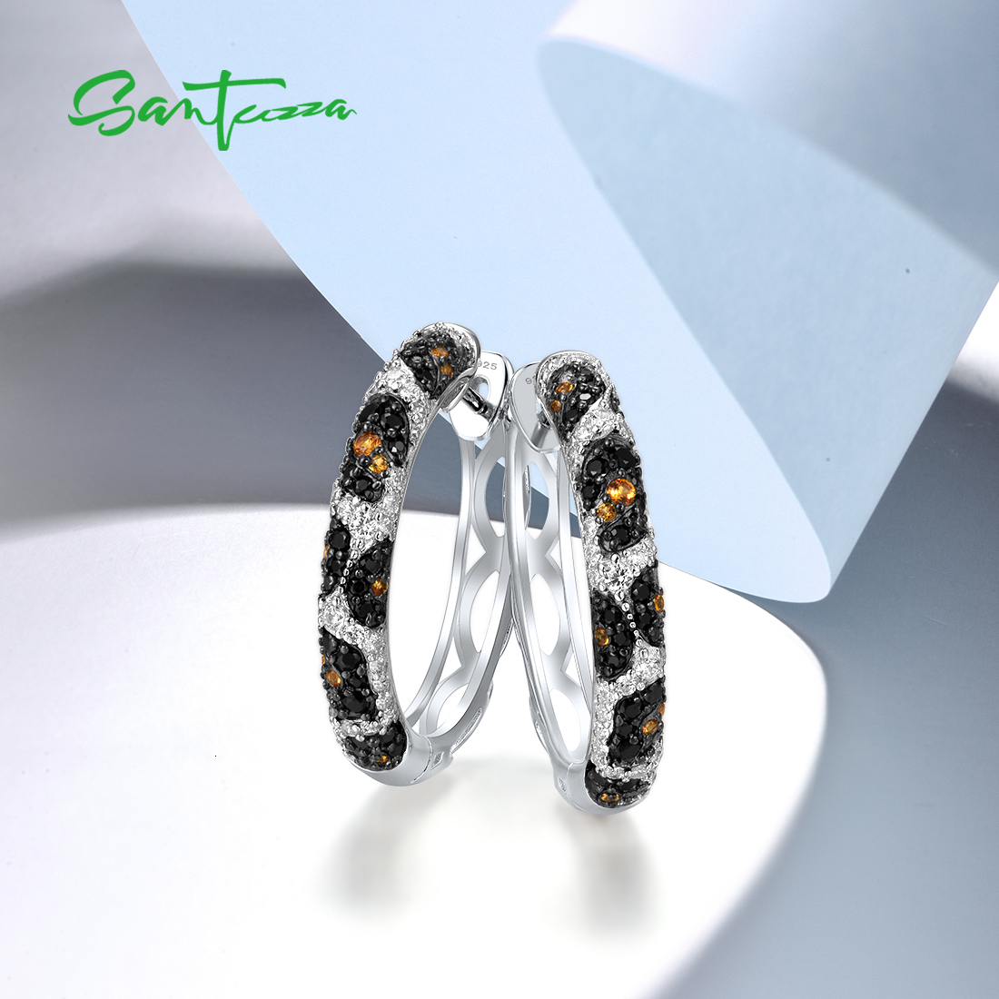 Hoop Huggie SANTUZZA Pure 925 Sterling Silver Earrings For Women Black Spinel Yellow White Cubic Zirconia Glamorous Trendy Fine Jewelry 230729