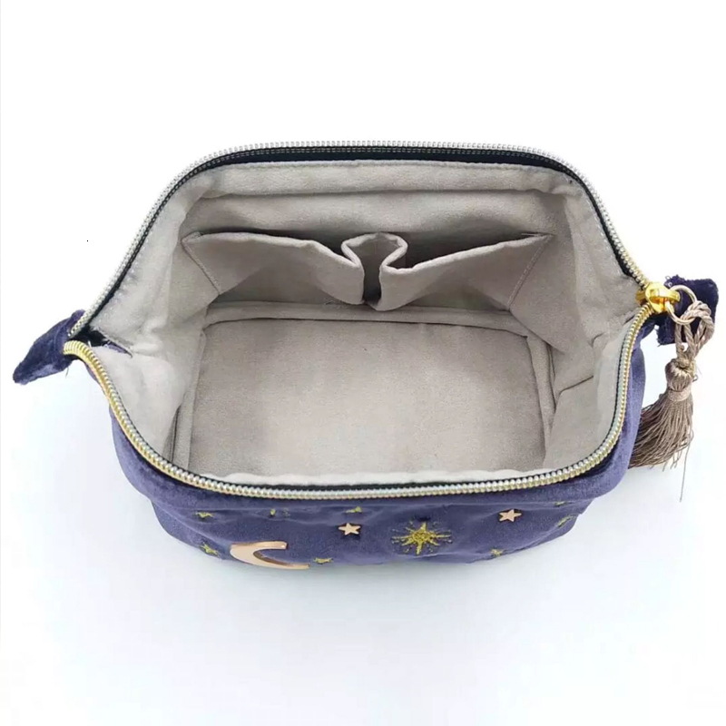 Cosmetic Bags Cases Cute Velvet Embroidery Cosmetic Bag Travel Organizer Women Makeup Bag Zipper Make Up Pouch with Moon Star Tassel Deco 230729