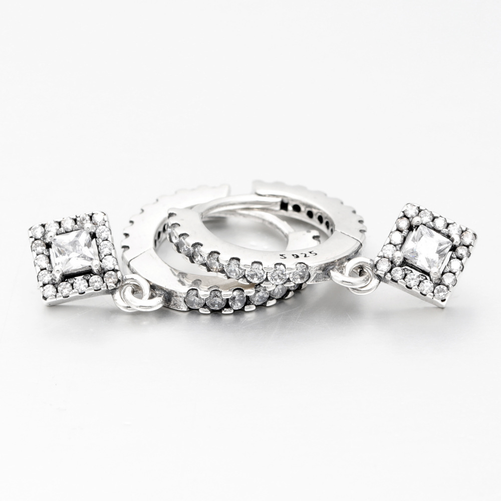 Anti-Oxidized White Gold Charm Earrings - Sparkling Square Crystal Bridal Accessories