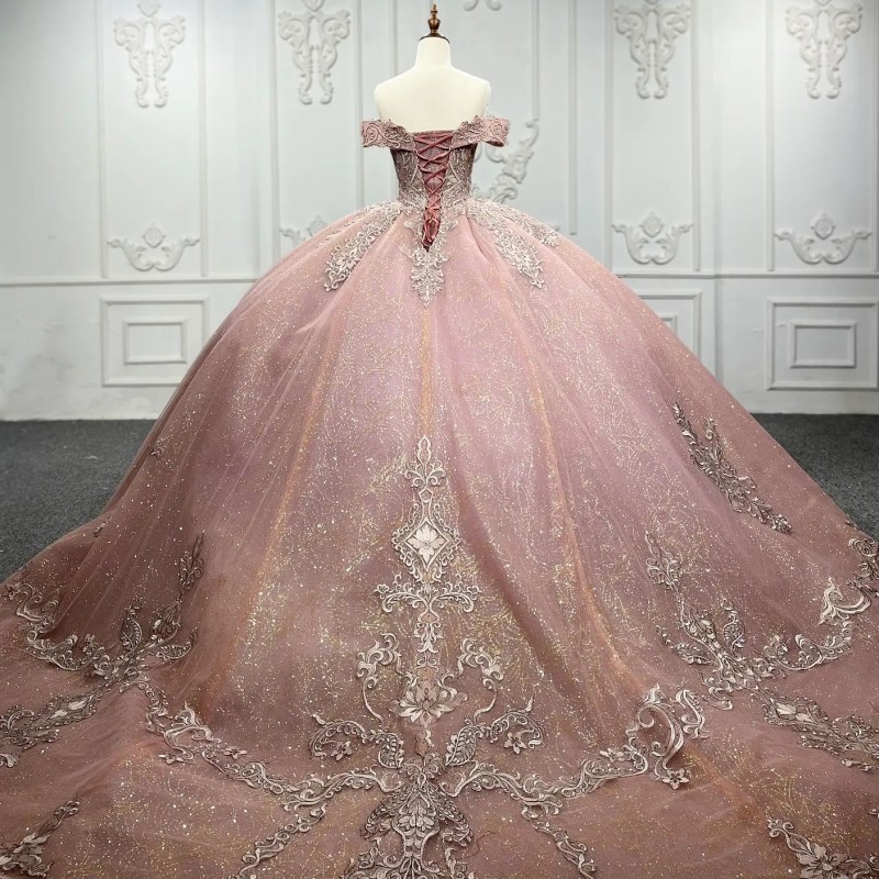 Pink Sparkly Quinceanera Dresses Ball Gown Off The Shoulder Gold Applique Lace Beading Sweet 16 Dress Vestidos De 15 Girl anos