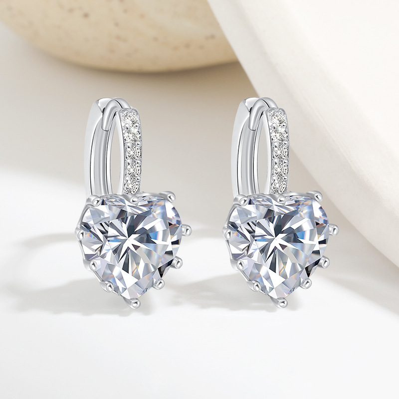 Women's Silver Pendant Heart Stud Earrings with Clear CZ Stones - Elegant Designer Luxe Fashion Jewelry