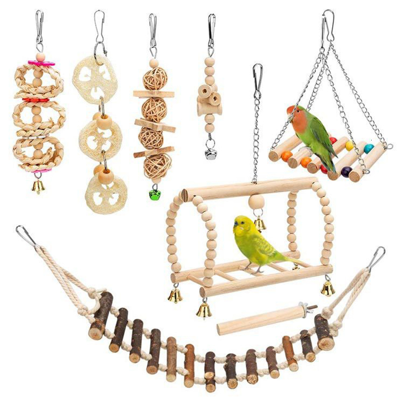 Other Bird Supplies 8PCS Set Combination Parrot Toys Wood Articles Bite Pet For Training Toy Swing Ball Bell Standing 230729