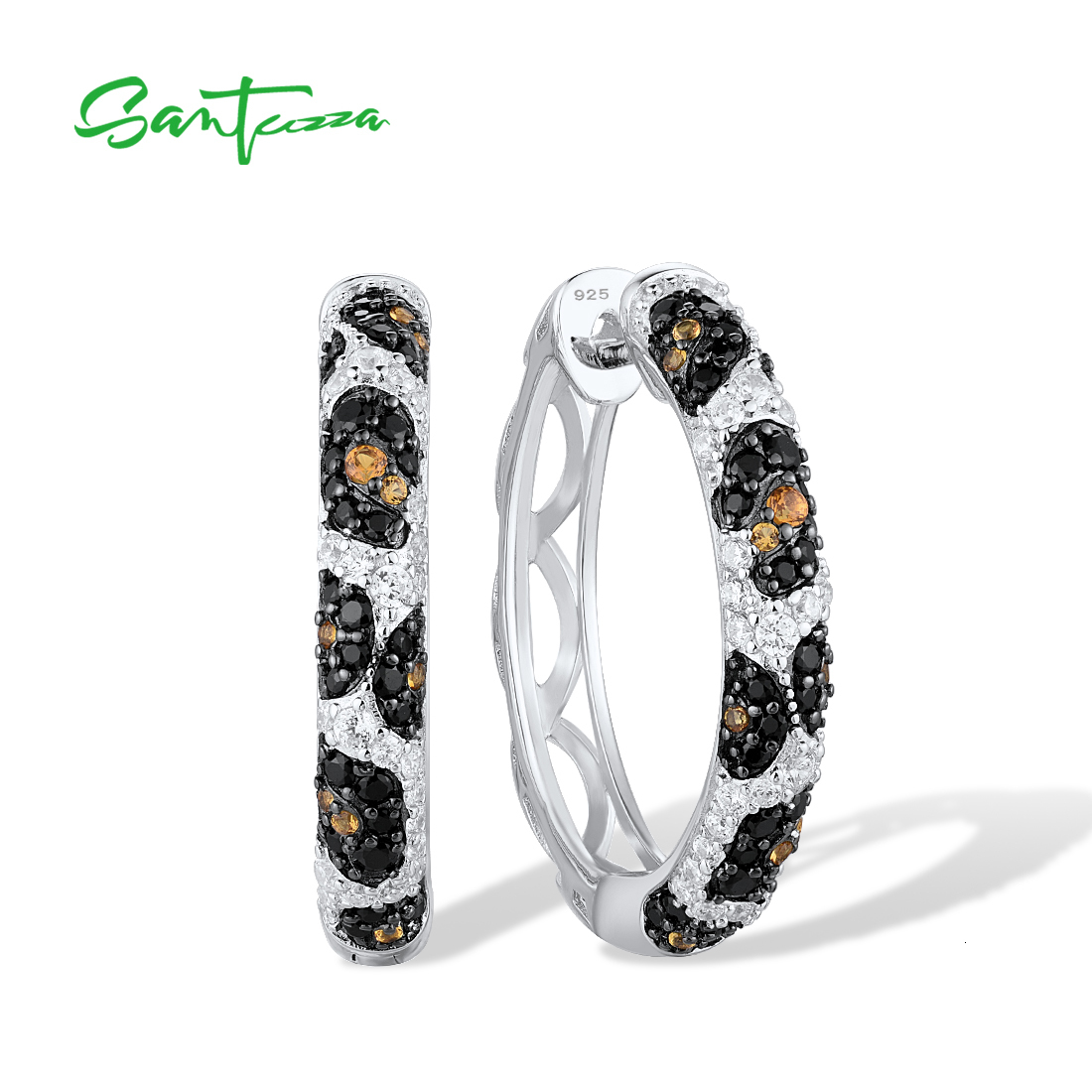 Hoop Huggie SANTUZZA Pure 925 Sterling Silver Earrings For Women Black Spinel Yellow White Cubic Zirconia Glamorous Trendy Fine Jewelry 230729