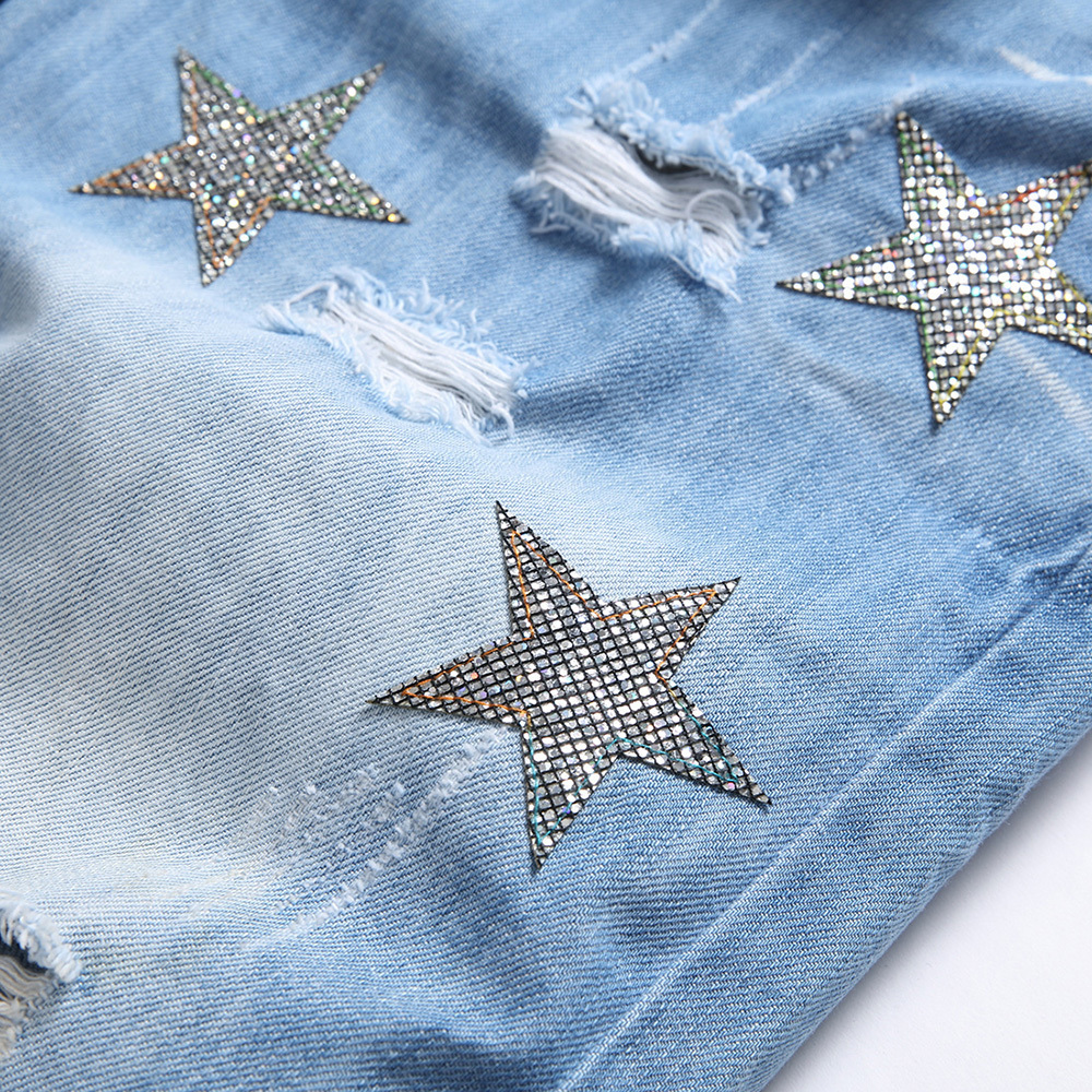 Men's Shorts Men Summer Crystal Patch Denim Shorts Holes Ripped Slim Straight Jeans Knee Length Light Blue Breeches 230729