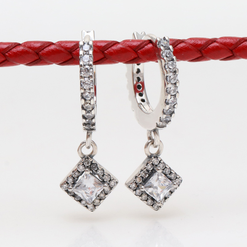 Anti-Oxidized White Gold Charm Earrings - Sparkling Square Crystal Bridal Accessories