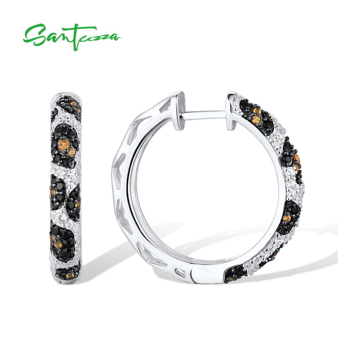 Hoop Huggie SANTUZZA Pure 925 Sterling Silver Earrings For Women Black Spinel Yellow White Cubic Zirconia Glamorous Trendy Fine Jewelry 230729