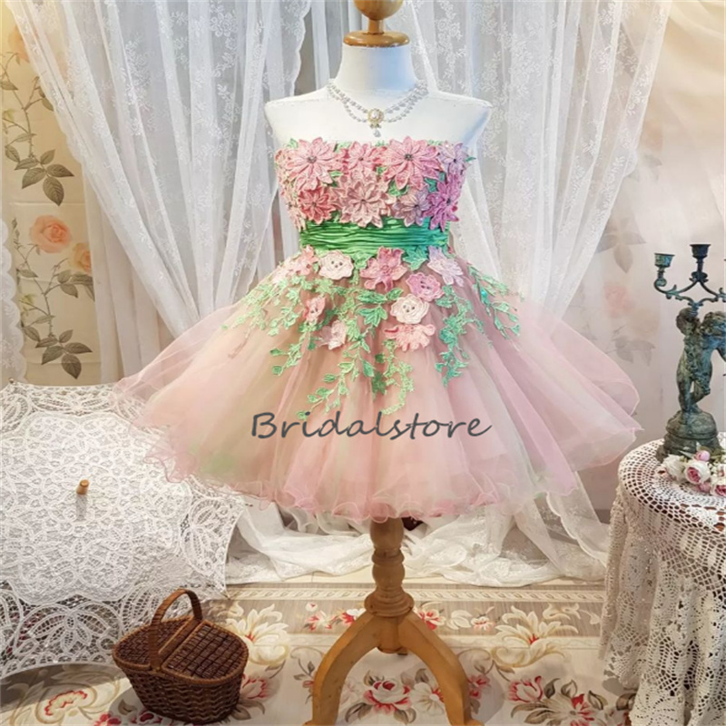 Cute Pink Flower Lace Prom Dress 2023 Sexy Strapless Short Cocktail Party Dresses Chic A Line Graduation Homecoming Party Gown Elegant Women Dinner Ce