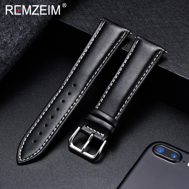 Watch Bands REMZEIM Calfskin Leather Watchband Soft Material Watch Band Wrist Strap 18mm 20mm 22mm 24mm With Silver Stainless Steel Buckle 230729