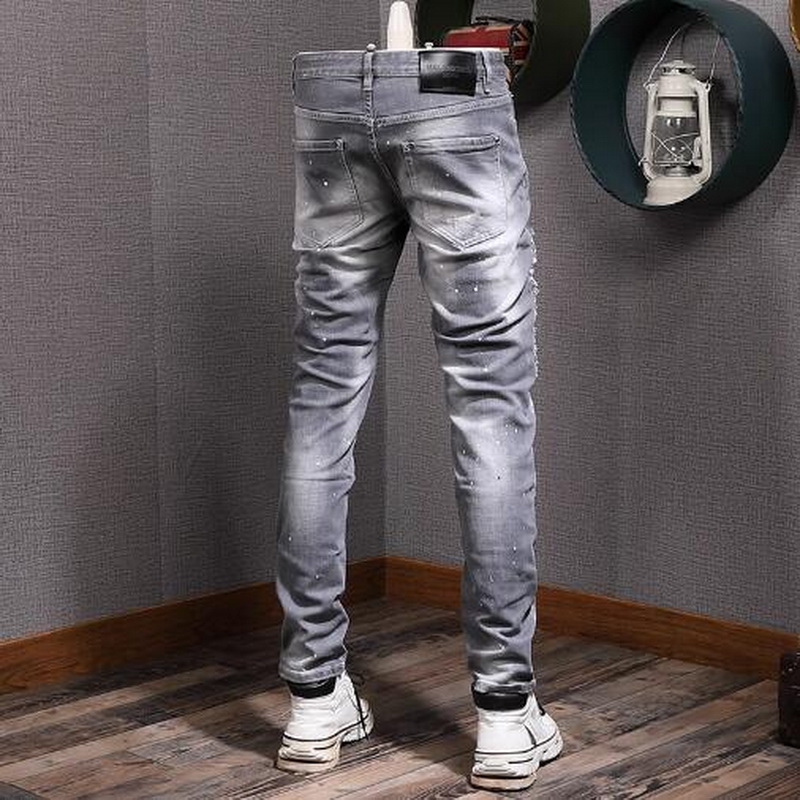 Gray Jeans Patchwork Distressed Whisker-Washed Slim Fit For Men's
