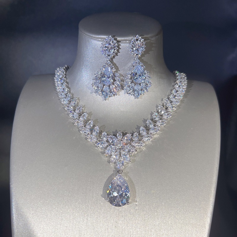 Wedding Jewelry Sets 14K White Gold Lab Diamond set Engagement Earrings Necklace For Women Bridal Promise Gift 230729