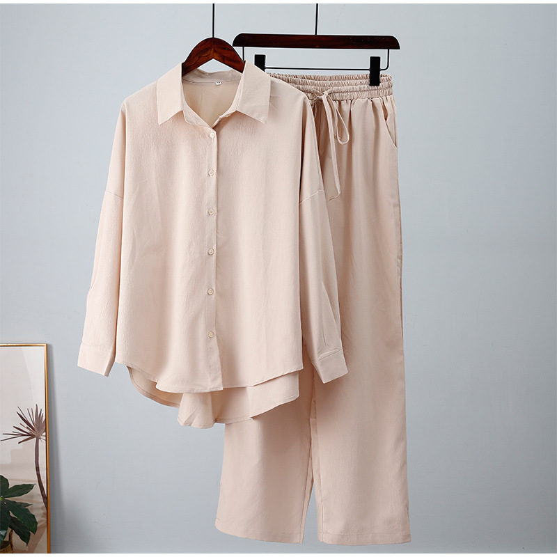 Autumn Sets Loose Stretch Wrinkle Long Sleeve Suits Shirt Wide Leg Pants Casual Suit Women Two Piece Pants