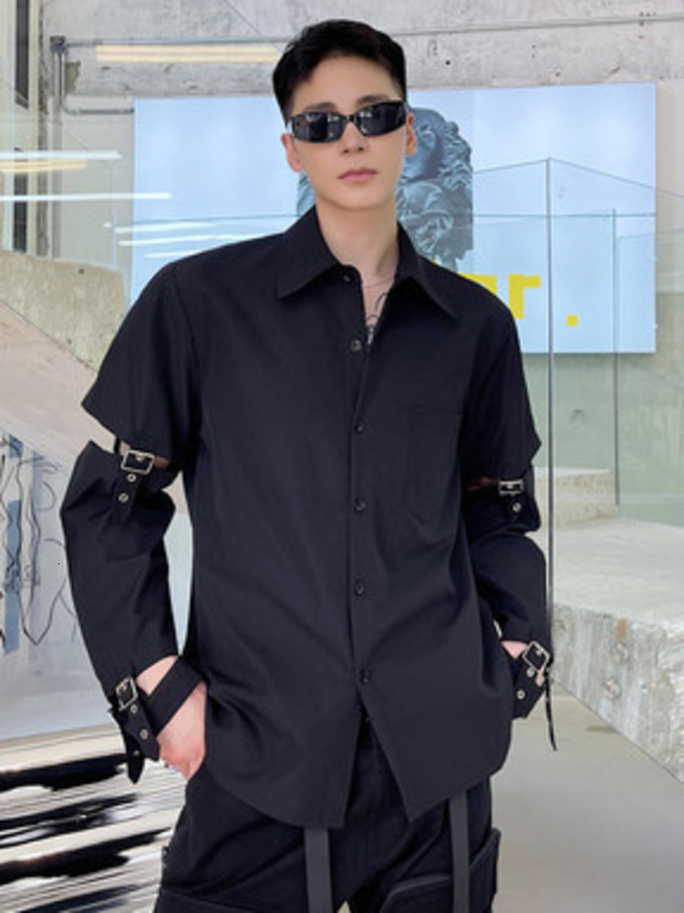 Men's Casual Shirts PFNW Punk Darkwear High Street Nihce Style Shirt Spliced Sleeve Necktie Tops Summer Spring Blouse 12A1583 230729