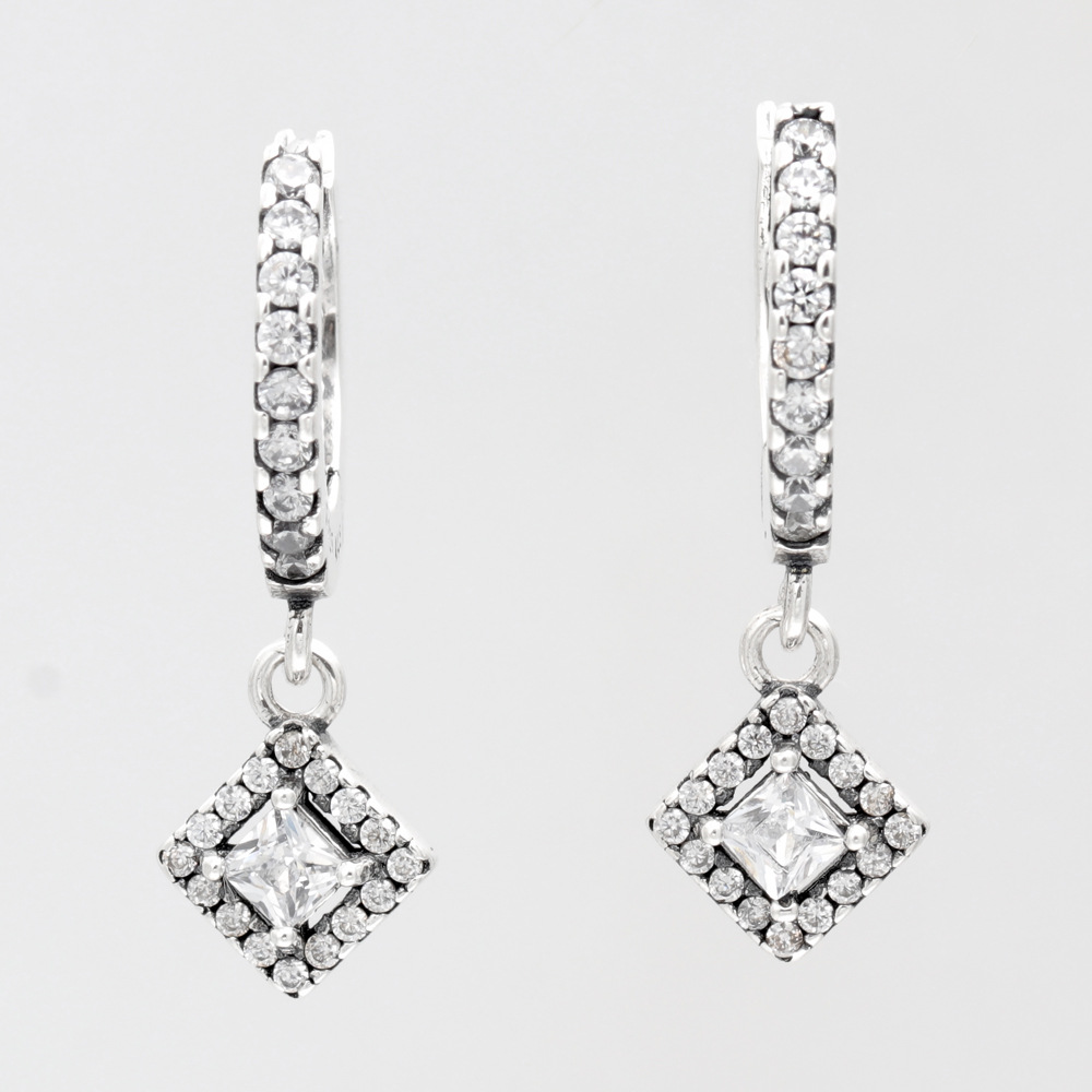 Anti-Oxidized White Gold Charm Earrings - Sparkling Square Crystal Bridal Accessories