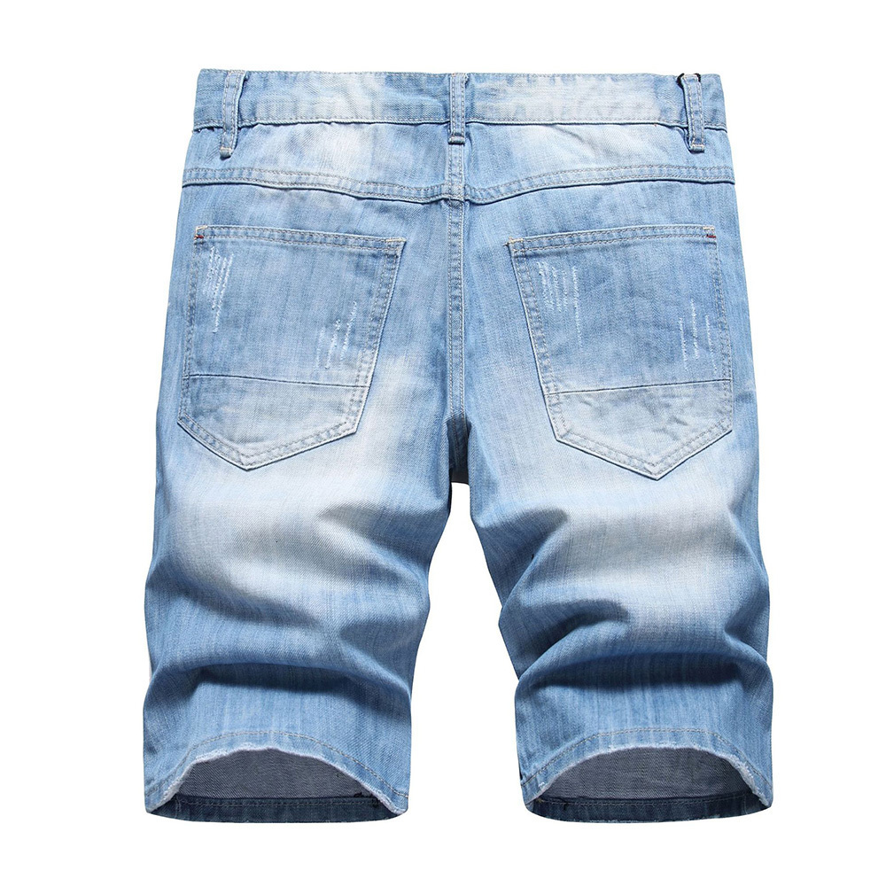 Men's Shorts Men Summer Crystal Patch Denim Shorts Holes Ripped Slim Straight Jeans Knee Length Light Blue Breeches 230729