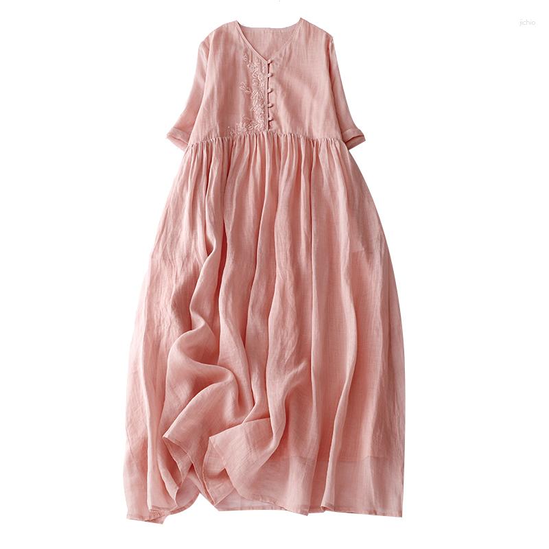 Casual Dresses 2023 Two Layers Embroidery Floral Vintage Spring Summer Dress Office Lady Work Fashion Women Pink Midi