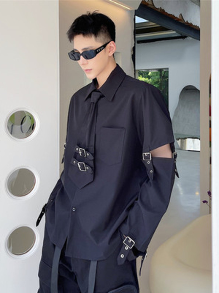 Men's Casual Shirts PFNW Punk Darkwear High Street Nihce Style Shirt Spliced Sleeve Necktie Tops Summer Spring Blouse 12A1583 230729