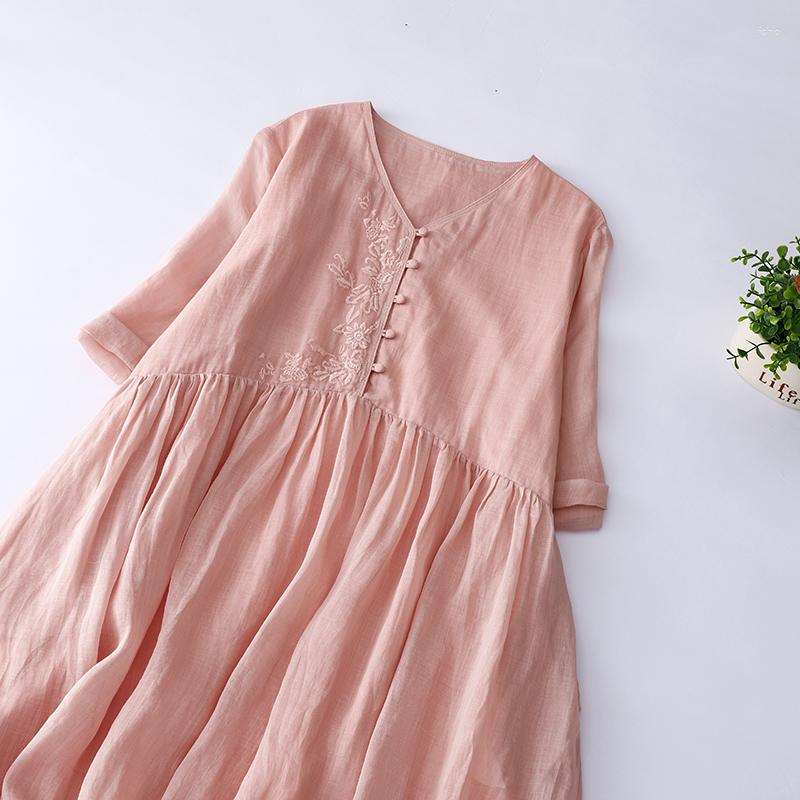Casual Dresses 2023 Two Layers Embroidery Floral Vintage Spring Summer Dress Office Lady Work Fashion Women Pink Midi
