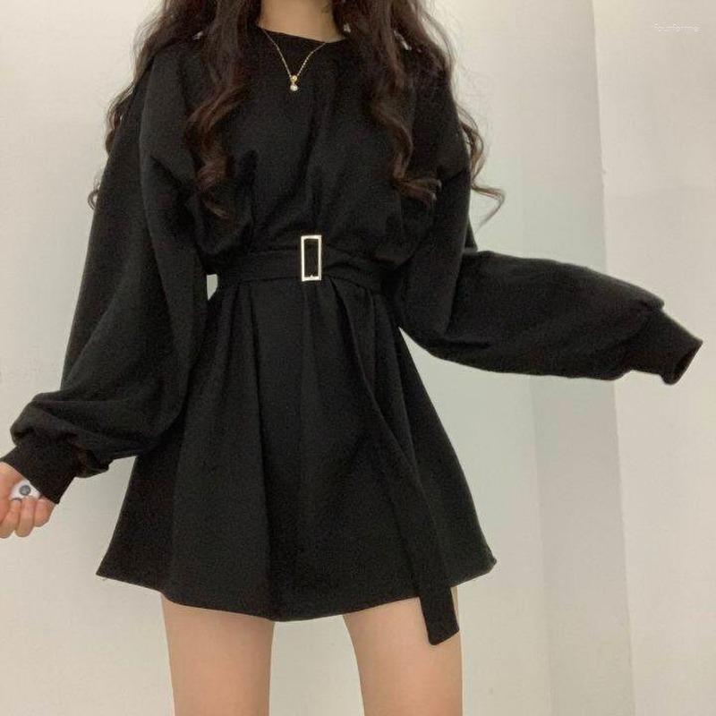 Casual Dresses Gothic Goth Dress Women Streetwear Kpop Fashion Korean Style Harajuku Long Sleeve Black Mini Wrap Mall