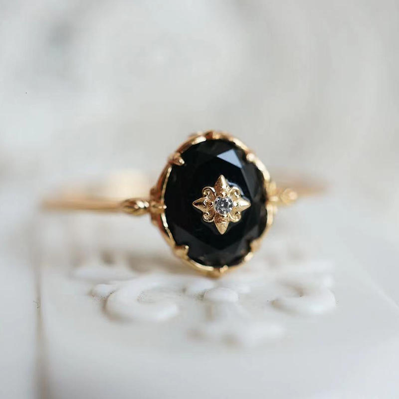 Wedding Rings LAMOON Natural Black Agate Ring For Women Gemstone 925 Sterling Silver Gold Vermeil Fine Jewelry Vintage Elegant Bijou 230729