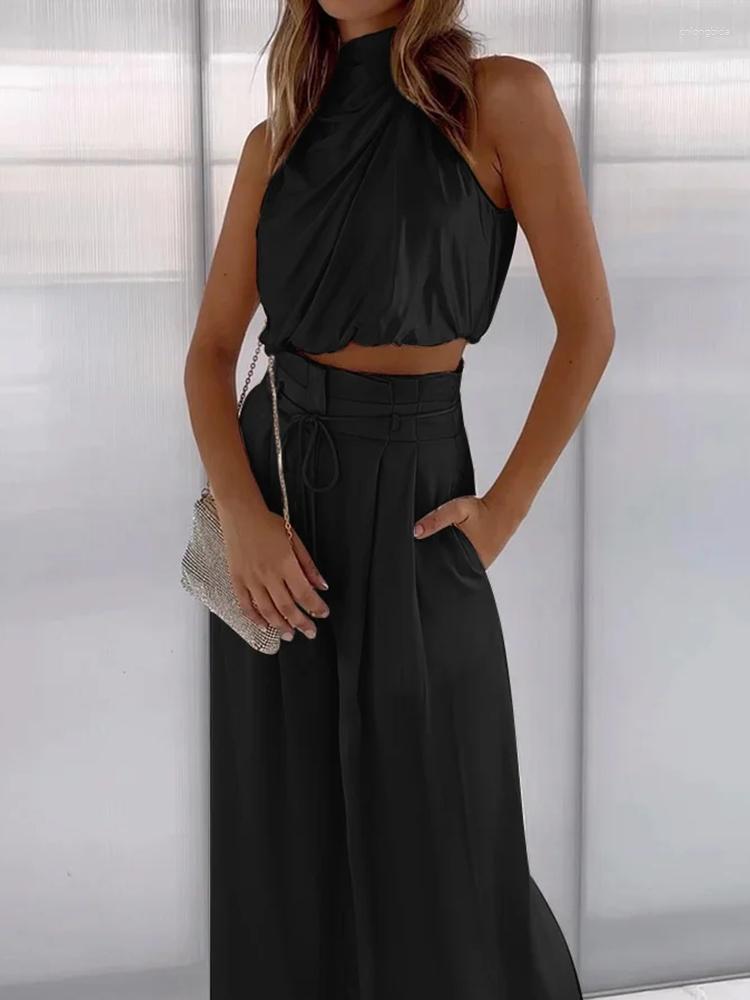 Womens Two Piece Pants Beige Elegant Sets Women Outfit Silk Pleated Texture Sleeveless Top Wide Leg Set HighCollar Summer Matchin